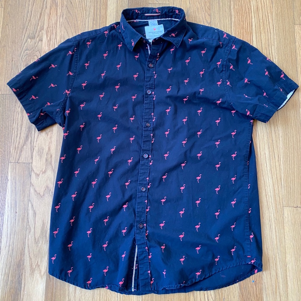 Denim & Flower Button Down Flamingo Shirt